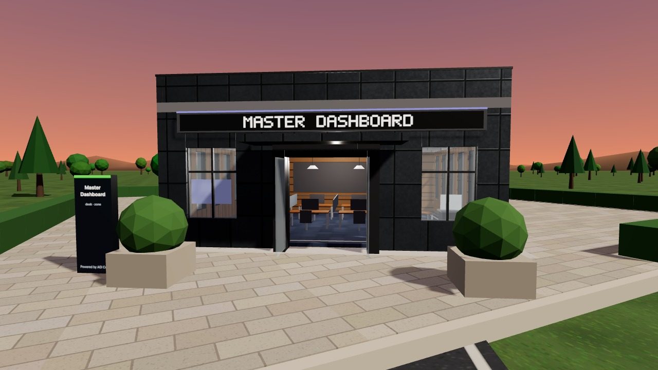 A generated building in the WorldForge viewer: a dark shell signed Master Dashboard, its glass front showing the fitted interior, with planters on a paved forecourt at dusk